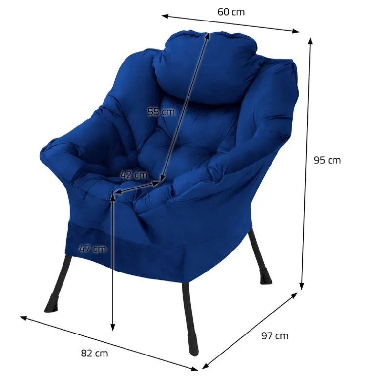 Relaxsessel Dunkelblau mit Armlehnen und dickem Kopfkissen und Metallgestell Loungesessel bis 120 kg ML-Design