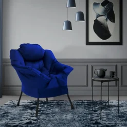 Relaxsessel Dunkelblau mit Armlehnen und dickem Kopfkissen und Metallgestell Loungesessel bis 120 kg ML-Design