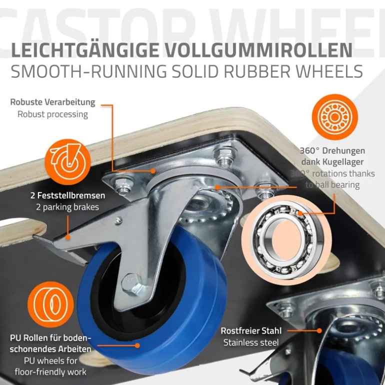 Rollbrett Möbelroller 35 x 50 cm aus Multiplex mit Feststellbremsen Traglast 800 kg