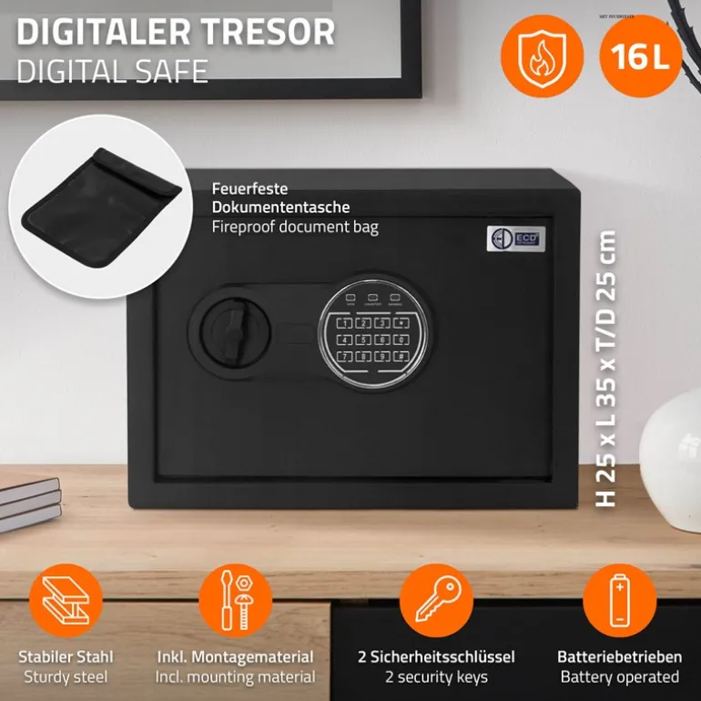 Safe Tresor 16L aus Stahl mit Elektronikschloss, Notschlüsseln und feuerfester Tasche