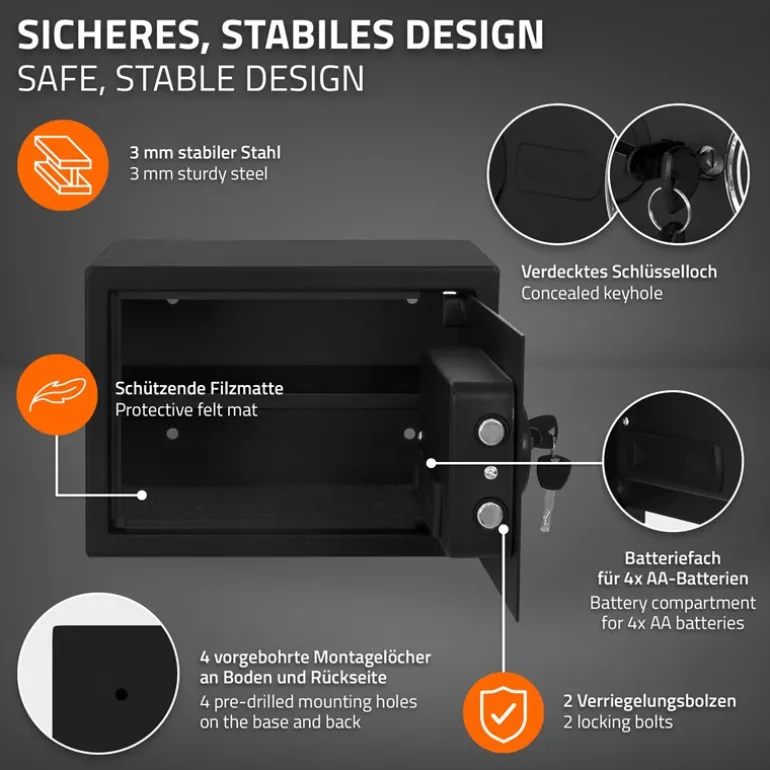 Safe Tresor 16L aus Stahl mit Elektronikschloss, Notschlüsseln und feuerfester Tasche