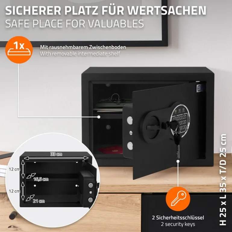 Safe Tresor 16L aus Stahl mit Elektronikschloss, Notschlüsseln und feuerfester Tasche