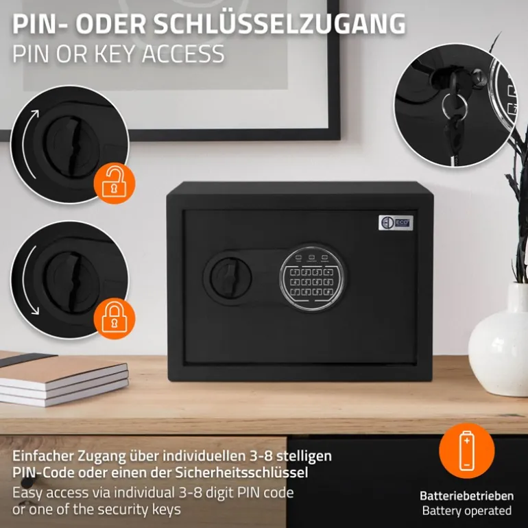 Safe Tresor 16L aus Stahl mit Elektronikschloss, Notschlüsseln und feuerfester Tasche