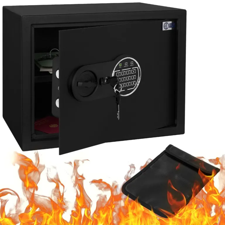 Safe Tresor 27L aus Stahl mit Elektronikschloss, Notschlüsseln und feuerfester Tasche