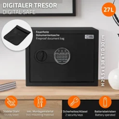 Safe Tresor 27L aus Stahl mit Elektronikschloss, Notschlüsseln und feuerfester Tasche