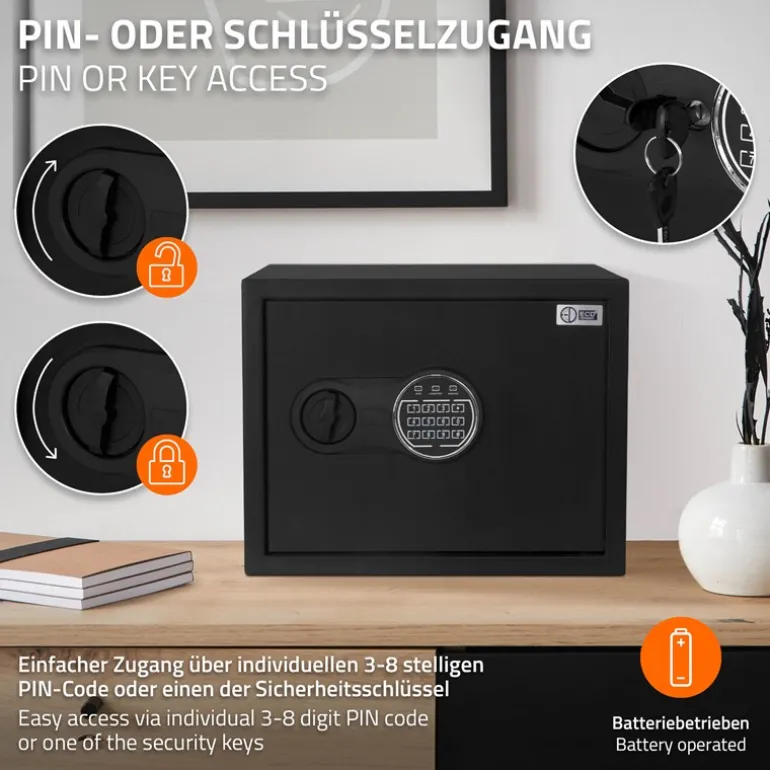 Safe Tresor 27L aus Stahl mit Elektronikschloss, Notschlüsseln und feuerfester Tasche