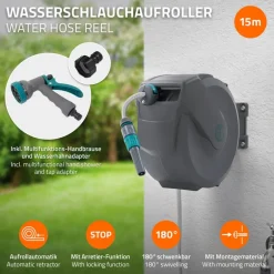 Schlauchaufroller 15m+1.5m Schlauchtrommel Wand-Schlauchbox RollUp mit Arretierstop und 9 Sprühfunktionen 180° Schwenkbar