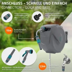 Schlauchaufroller 15m+1.5m Schlauchtrommel Wand-Schlauchbox RollUp mit Arretierstop und 9 Sprühfunktionen 180° Schwenkbar