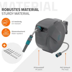 Schlauchaufroller 15m+1.5m Schlauchtrommel Wand-Schlauchbox RollUp mit Arretierstop und 9 Sprühfunktionen 180° Schwenkbar