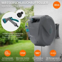 Schlauchaufroller 30m+2m Schlauchtrommel Wand-Schlauchbox RollUp mit Arretierstop und 9 Sprühfunktionen 180° Schwenkbar