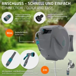 Schlauchaufroller 30m+2m Schlauchtrommel Wand-Schlauchbox RollUp mit Arretierstop und 9 Sprühfunktionen 180° Schwenkbar