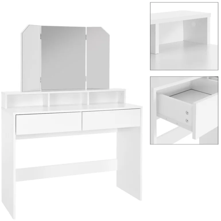 Schminktisch Frisiertisch 100x40x140 cm in Weiß mit Spiegel 3-tlg & 2 Schubladen ML-Design