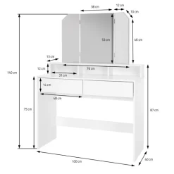 Schminktisch Frisiertisch 100x40x140 cm in Weiß mit Spiegel 3-tlg & 2 Schubladen ML-Design
