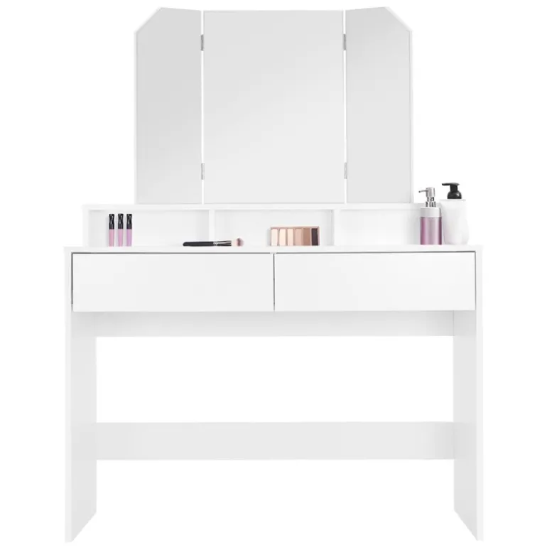 Schminktisch Frisiertisch 100x40x140 cm in Weiß mit Spiegel 3-tlg & 2 Schubladen ML-Design