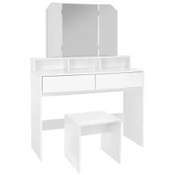 Schminktisch Frisiertisch 100x40x140 cm in Weiß mit Spiegel 3-tlg, 2 Schubladen & Hocker ML-Design