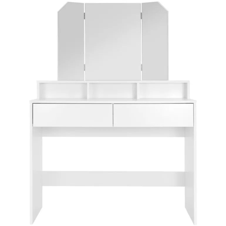 Schminktisch Frisiertisch 100x40x140 cm in Weiß mit Spiegel 3-tlg, 2 Schubladen & Hocker ML-Design