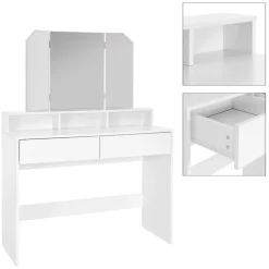 Schminktisch Frisiertisch 100x40x140 cm in Weiß mit Spiegel 3-tlg, 2 Schubladen & Hocker ML-Design