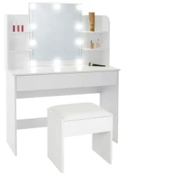 Schminktisch Frisiertisch 108x40x140 cm in Weiß mit Spiegel, LED Beleuchtung, Schublade & Hocker ML-Design