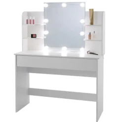 Schminktisch Frisiertisch 108x40x140 cm in Weiß mit Spiegel, LED Beleuchtung, Schublade & Hocker ML-Design