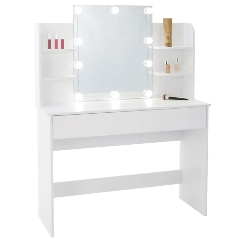 Schminktisch Frisiertisch 108x40x140 cm in Weiß mit Spiegel, LED-Beleuchtung & Schublade ML-Design