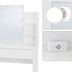 Schminktisch Frisiertisch 108x40x140 cm in Weiß mit Spiegel, LED-Beleuchtung & Schublade ML-Design