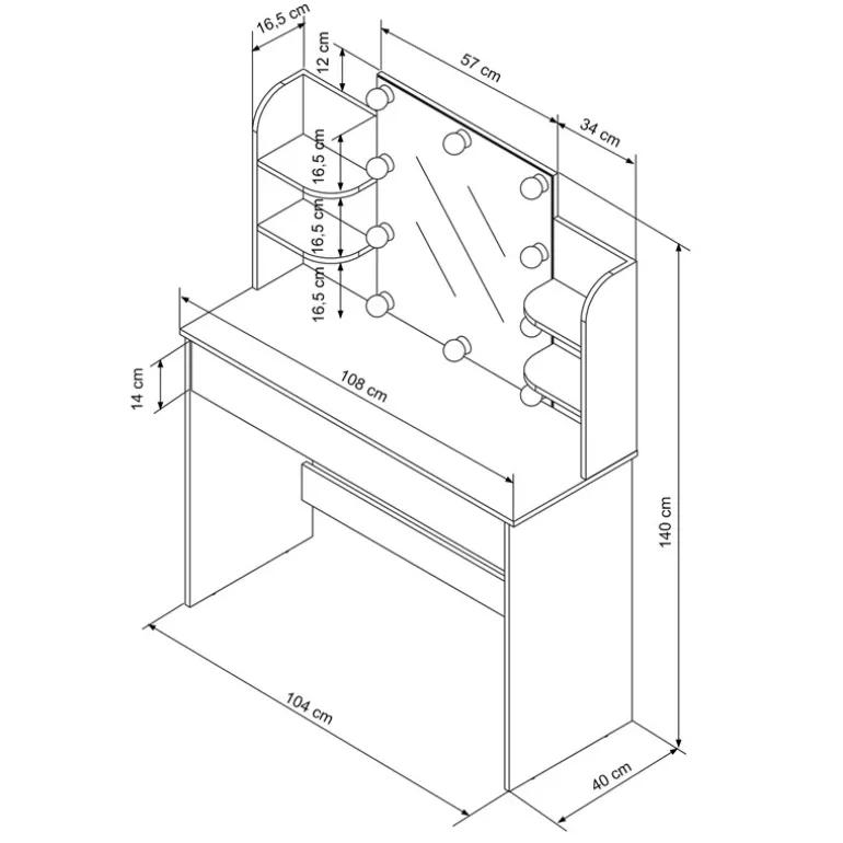 Schminktisch Frisiertisch 108x40x140 cm in Weiß mit Spiegel, LED-Beleuchtung & Schublade ML-Design