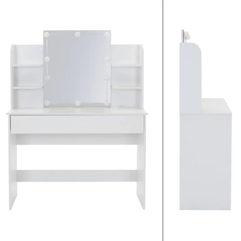 Schminktisch Frisiertisch 108x40x140 cm in Weiß mit Spiegel, LED-Beleuchtung, großer Schublade & Hocker ML-Design