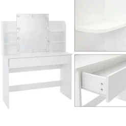 Schminktisch Frisiertisch 108x40x140 cm in Weiß mit Spiegel, LED-Beleuchtung, großer Schublade & Hocker ML-Design