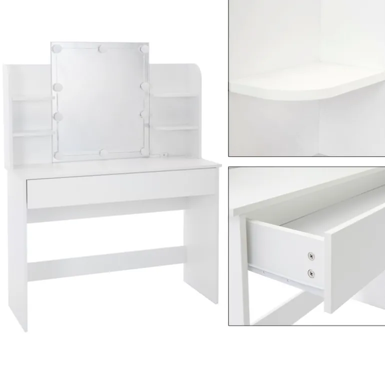 Schminktisch Frisiertisch 108x40x140 cm in Weiß mit Spiegel, LED-Beleuchtung, großer Schublade & Hocker ML-Design