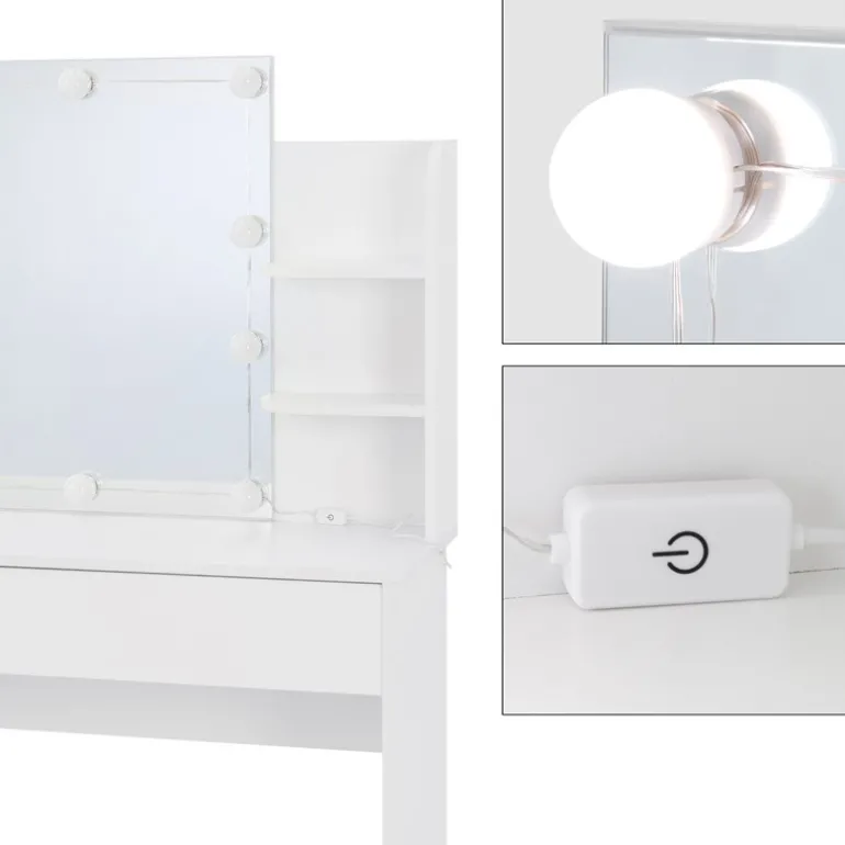 Schminktisch Frisiertisch 108x40x140 cm in Weiß mit Spiegel, LED-Beleuchtung, großer Schublade & Hocker ML-Design