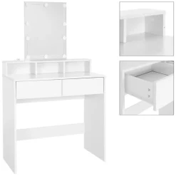 Schminktisch Frisiertisch 80x40x140 cm in Weiß mit LED-Beleuchtung, Spiegel, 2 Schubladen & 3 Fächer ML-Design