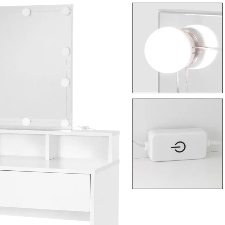 Schminktisch Frisiertisch 80x40x140 cm in Weiß mit LED-Beleuchtung, Spiegel, 2 Schubladen & 3 Fächer ML-Design