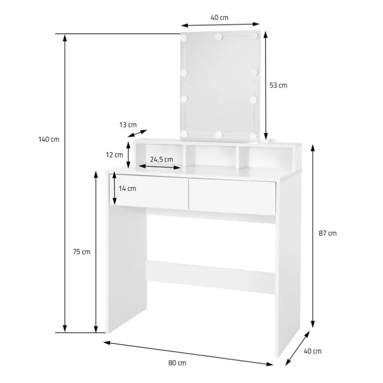 Schminktisch Frisiertisch 80x40x140 cm in Weiß mit LED-Beleuchtung, Spiegel, 2 Schubladen & 3 Fächer ML-Design