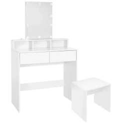 Schminktisch Frisiertisch 80x40x140 cm in Weiß mit LED-Beleuchtung, Spiegel, 2 Schubladen & Hocker ML-Design
