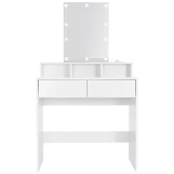 Schminktisch Frisiertisch 80x40x140 cm in Weiß mit LED-Beleuchtung, Spiegel, 2 Schubladen & Hocker ML-Design