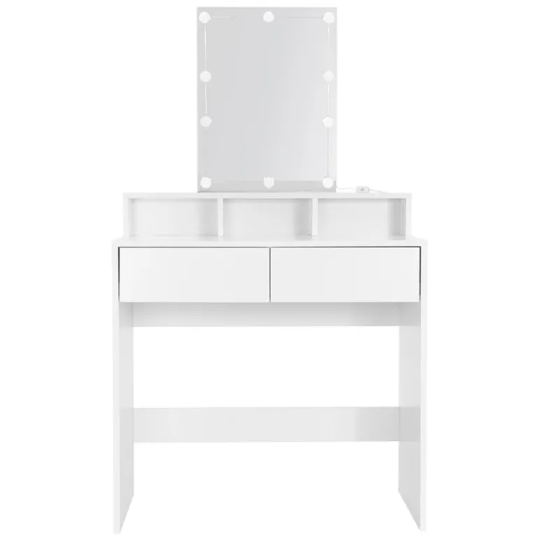 Schminktisch Frisiertisch 80x40x140 cm in Weiß mit LED-Beleuchtung, Spiegel, 2 Schubladen & Hocker ML-Design