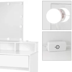 Schminktisch Frisiertisch 80x40x140 cm in Weiß mit LED-Beleuchtung, Spiegel, 2 Schubladen & Hocker ML-Design