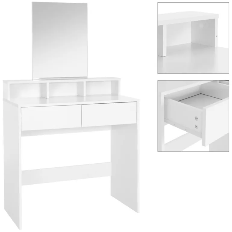 Schminktisch Frisiertisch 80x40x140 cm in Weiß mit Spiegel, 2 Schubladen und 3 Ablagen ML-Design