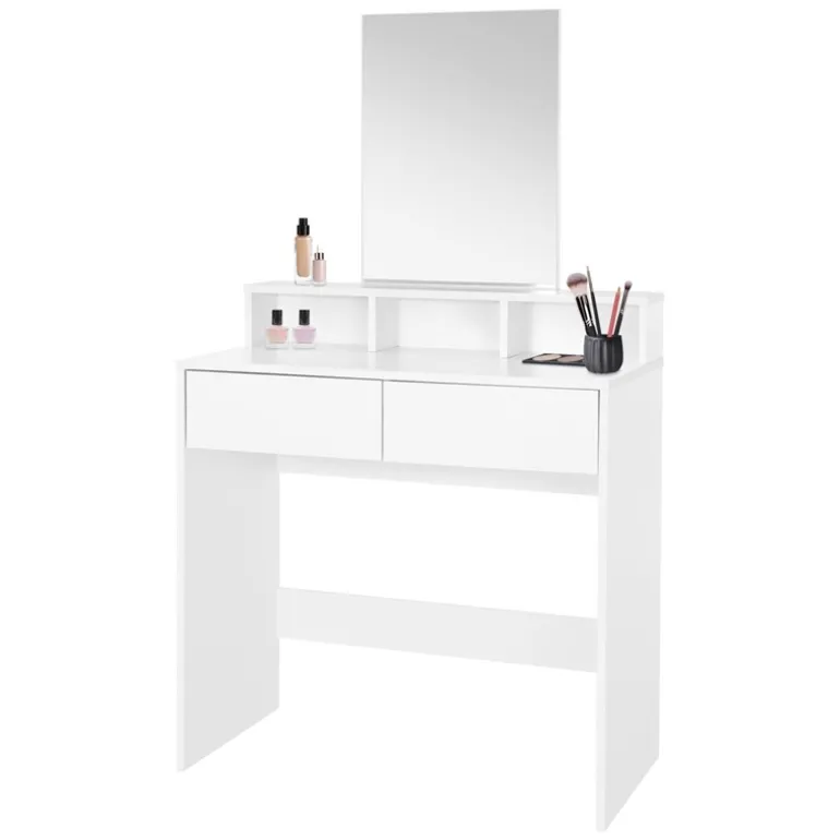Schminktisch Frisiertisch 80x40x140 cm in Weiß mit Spiegel, 2 Schubladen und 3 Ablagen ML-Design