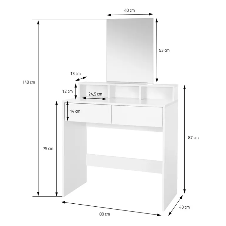 Schminktisch Frisiertisch 80x40x140 cm in Weiß mit Spiegel, 2 Schubladen, 3 Ablagen & Hocker ML-Design