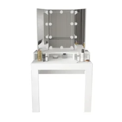 Schminktisch Frisiertisch 89,5x155x43,5 cm in Weiß mit LED Beleuchtung 3-tlg, Spiegel, Schublade & 3 Fächer ML-Design