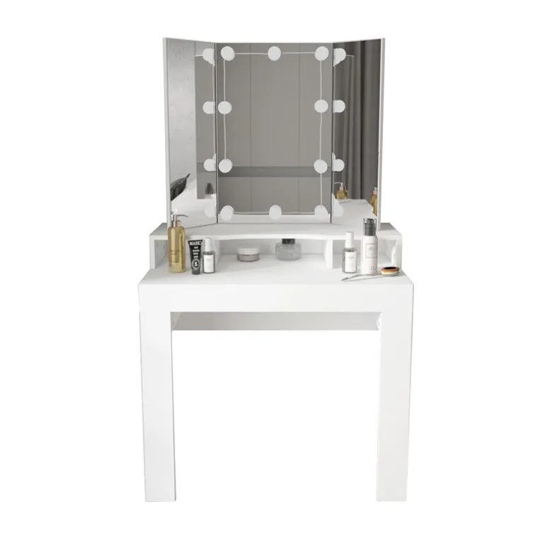 Schminktisch Frisiertisch 89,5x155x43,5 cm in Weiß mit LED Beleuchtung 3-tlg, Spiegel, Schublade & 3 Fächer ML-Design