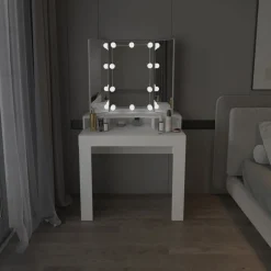 Schminktisch Frisiertisch 89,5x155x43,5 cm in Weiß mit LED Beleuchtung 3-tlg, Spiegel, Schublade & 3 Fächer ML-Design