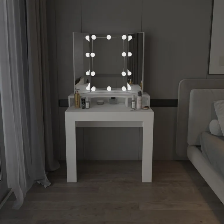 Schminktisch Frisiertisch 89,5x155x43,5 cm in Weiß mit LED Beleuchtung 3-tlg, Spiegel, Schublade & 3 Fächer ML-Design
