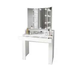 Schminktisch Frisiertisch 89,5x155x43,5 cm in Weiß mit LED Beleuchtung 3-tlg, Spiegel, Schublade & 3 Fächer ML-Design