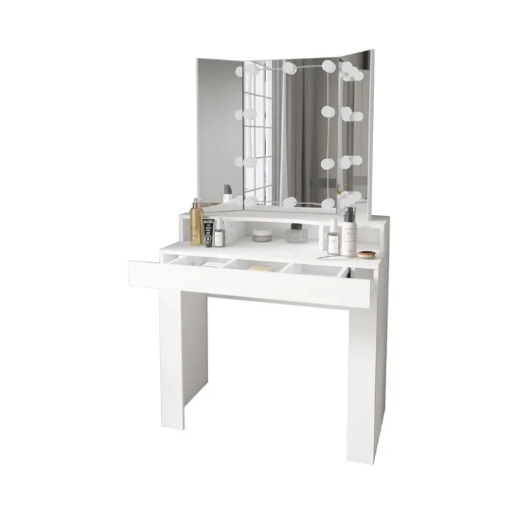 Schminktisch Frisiertisch 89,5x155x43,5 cm in Weiß mit LED Beleuchtung 3-tlg, Spiegel, Schublade & 3 Fächer ML-Design