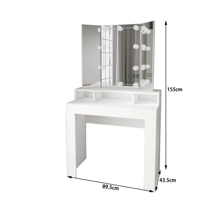 Schminktisch Frisiertisch 89,5x155x43,5 cm in Weiß mit LED Beleuchtung 3-tlg, Spiegel, Schublade & 3 Fächer ML-Design