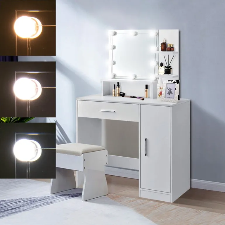 Schminktisch Frisiertisch 90x38x137 cm in Weiß mit LED Beleuchtung, Spiegel, Schublade, Schrank & 3 Ablagen ML-Design