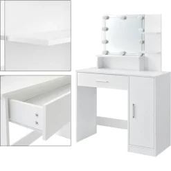 Schminktisch Frisiertisch 90x38x137 cm in Weiß mit LED Beleuchtung, Spiegel, Schublade, Schrank & 3 Ablagen ML-Design