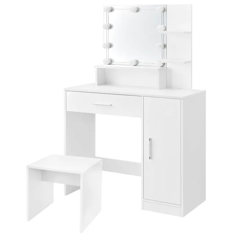 Schminktisch Frisiertisch 90x38x137 cm in Weiß mit LED Beleuchtung, Spiegel, Schublade, Schrank & Hocker ML-Design
